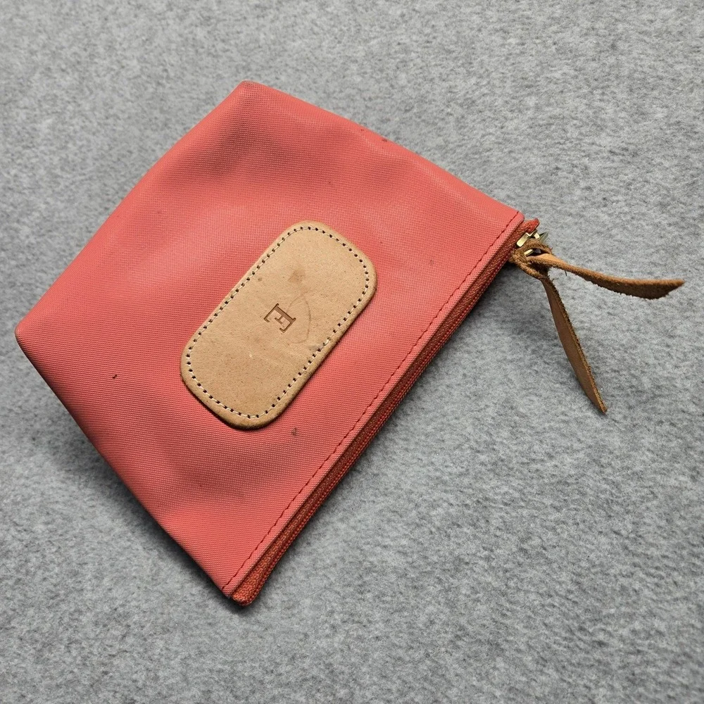 Jon Hart Clutch Womens Small Pink Canvas Leather Zip Cosmetic Pouch Monogram E